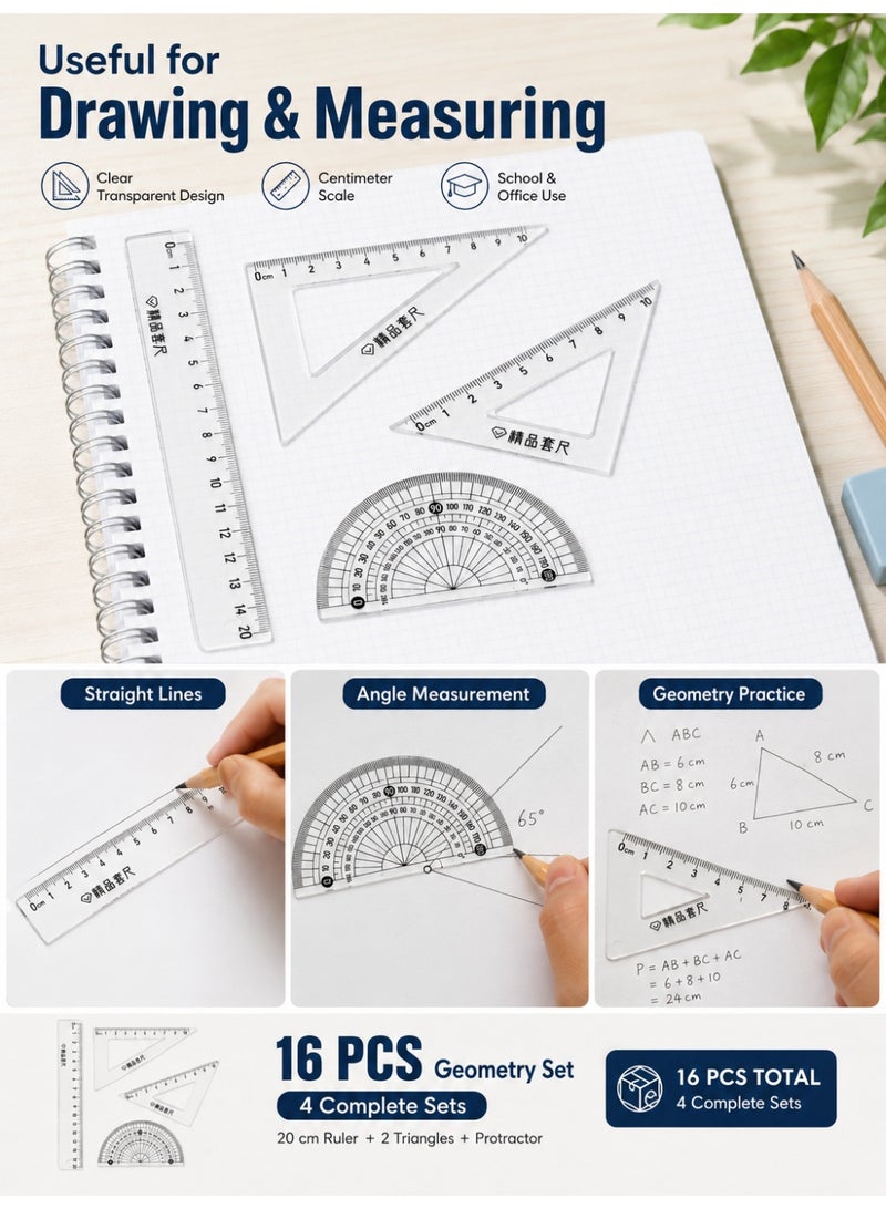 4 مجموعات 16 قطعة طقم أدوات رياضيات، مجموعة هندسية شفافة من البلاستيك مع مسطرة مستقيمة 20 سم ومسطرتين مثلثتين ومنقلة، أدوات قياس مدرسية للطلاب والمكتب والمنزل، شفاف - Image 3
