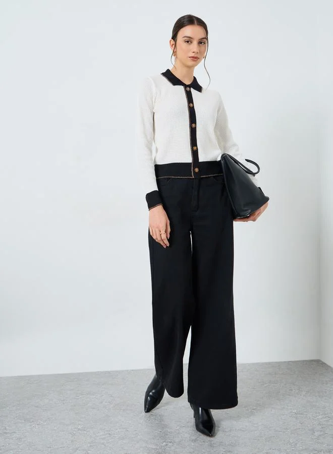 Styli Styli Textured Knit Flat Collar Cardigan