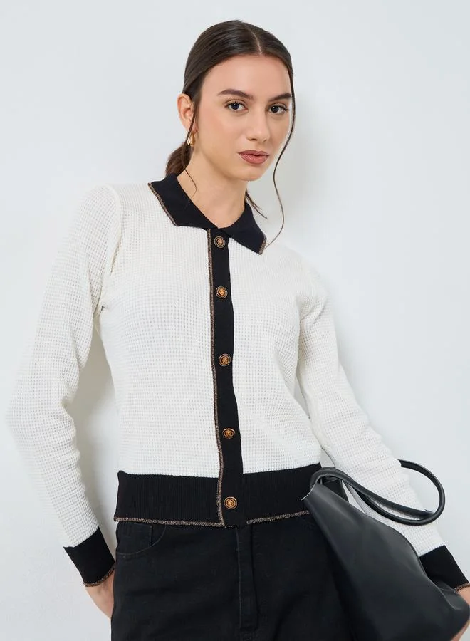 Styli Styli Textured Knit Flat Collar Cardigan