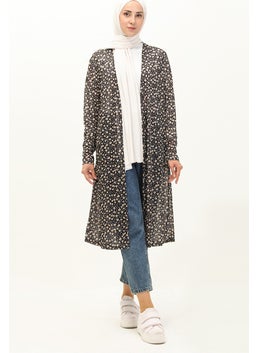 Sefa Merve Floral Patterned Long Cardigan 8637-01 Black  - Image 1