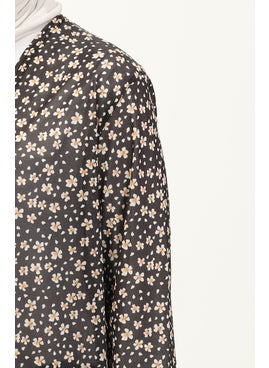 Sefa Merve Floral Patterned Long Cardigan 8637-01 Black  - Image 4