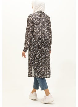 Sefa Merve Floral Patterned Long Cardigan 8637-01 Black  - Image 5