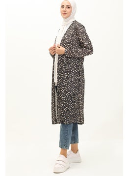 Sefa Merve Floral Patterned Long Cardigan 8637-01 Black  - Image 2