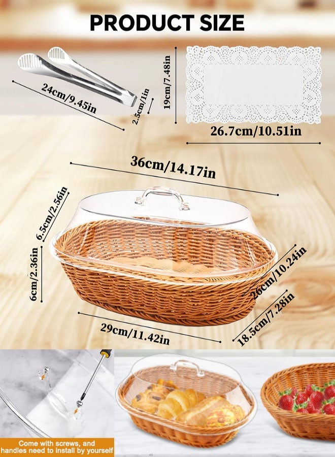 سلال خبز من الروطان، سلال بيضاوية منسوجة مع أغطية أكريليك، 14.2 × 10.2 × 4.9 بوصة، ملقط من الفولاذ المقاوم للصدأ، مفارش دانتيل، للخبز والفواكه وعرض الأطعمة - Image 2