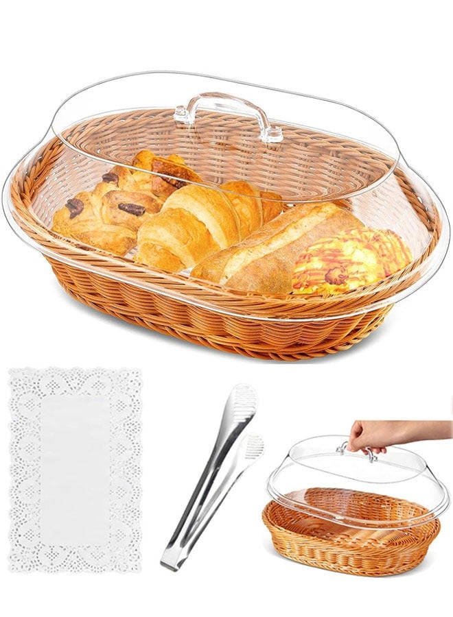 سلال خبز من الروطان، سلال بيضاوية منسوجة مع أغطية أكريليك، 14.2 × 10.2 × 4.9 بوصة، ملقط من الفولاذ المقاوم للصدأ، مفارش دانتيل، للخبز والفواكه وعرض الأطعمة - Image 1