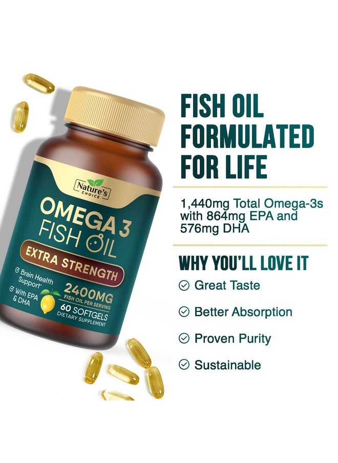 Nature's Choice زيت السمك 2400 مجم كبسولات هلامية زيت السمك أوميغا 3 بقوة إضافية مع نسبة عالية من حمض إيكوسابنتينويك وحمض دوكوساهيكسانويك يدعم صحة القلب دعم طبيعي للدماغ والجهاز المناعي كبسولات هلامية ناعمة من أحماض أوميجا 3 الدهنية من نونجمو 60 كبسولة هلامية  - Image 3