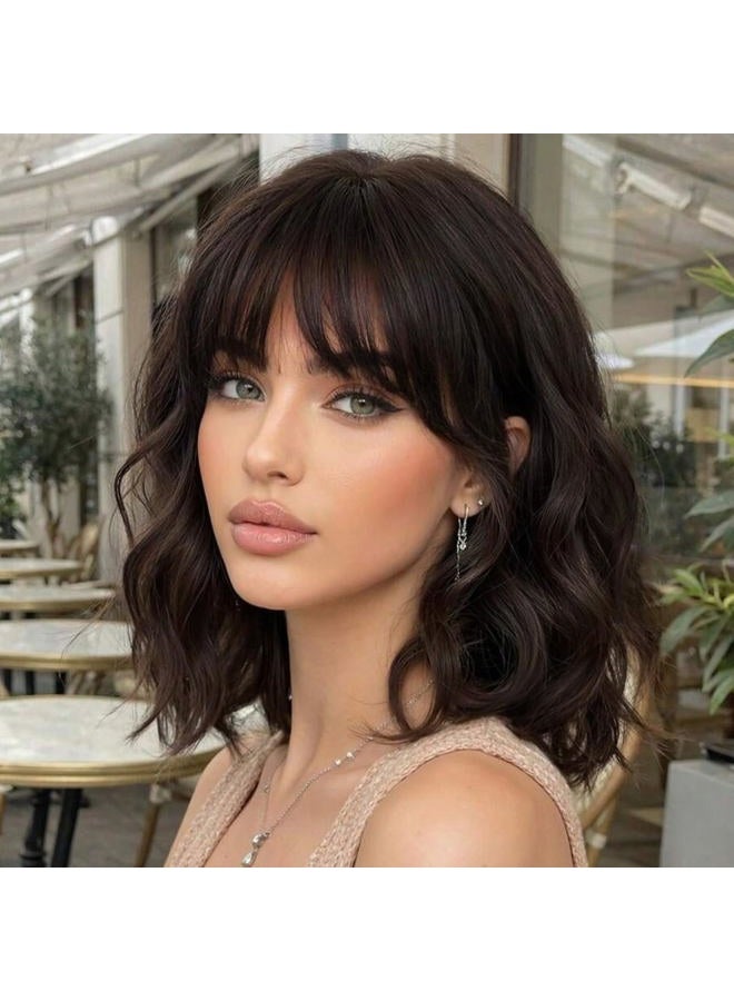 Lativ باروكة بني داكن مع غرة باروكات للنساء قصيرة مموجة ومجعدة بطول الكتف 14 بوصة شعر صناعي مقاوم للحرارة للاستخدام اليومي في الحفلات - Image 1