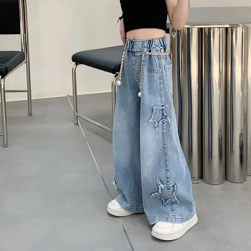 Girls' Denim Wide-Leg Pants Korean Style Loose Frayed Autumn Fashion - Image 4