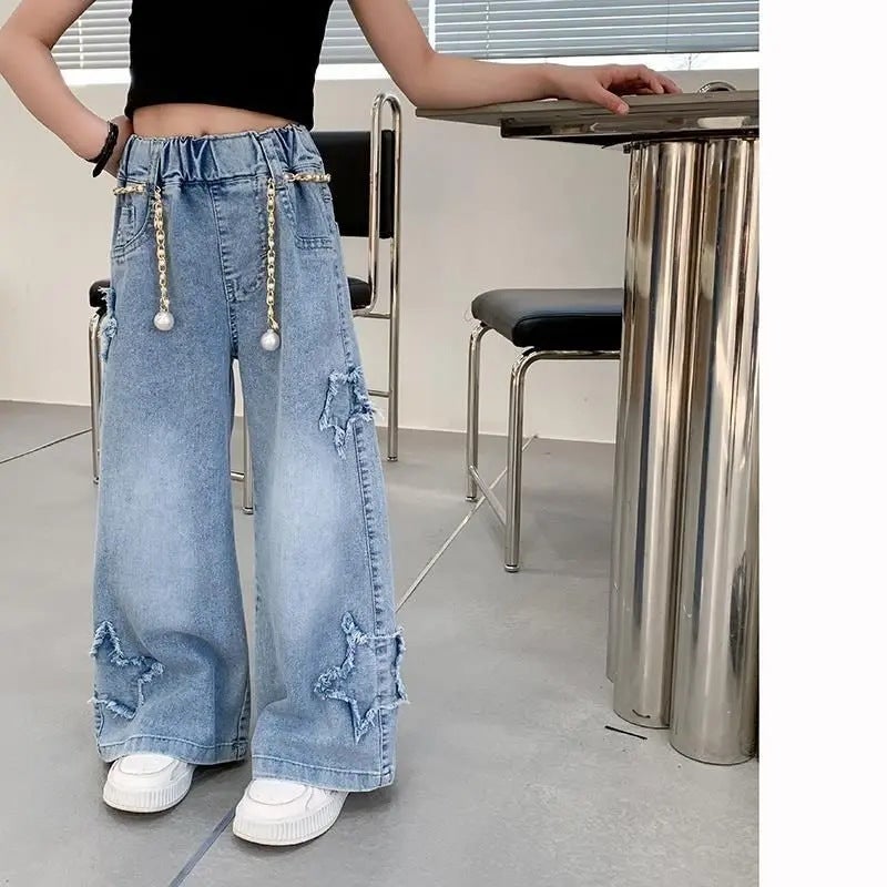 Girls' Denim Wide-Leg Pants Korean Style Loose Frayed Autumn Fashion - Image 2