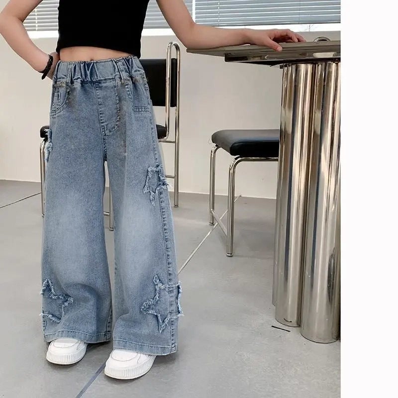 Girls' Denim Wide-Leg Pants Korean Style Loose Frayed Autumn Fashion - Image 1