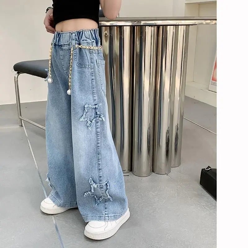Girls' Denim Wide-Leg Pants Korean Style Loose Frayed Autumn Fashion - Image 3