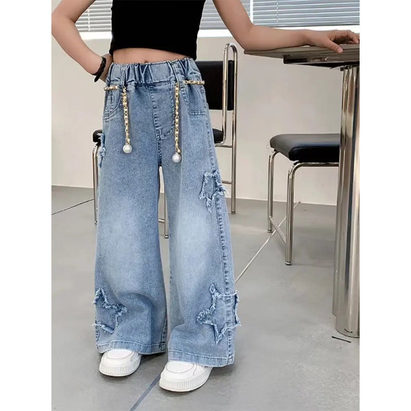 Girls' Denim Wide-Leg Pants Korean Style Loose Frayed Autumn Fashion - Image 5
