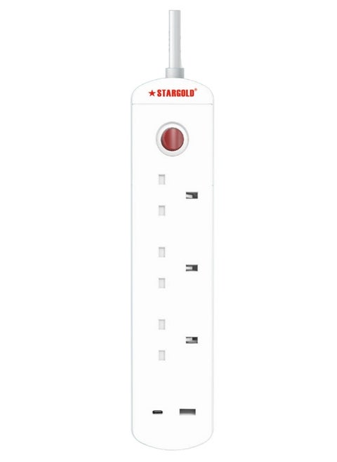 Multiple cord Extension Set Overload Protector Electric Charging Lead 3 Way Ac Output with 1 USB and 1 USB-C Port Anti-Fire 750⁰C, 13A 3M Long Power Cable Heavy Duty Charging Station- White