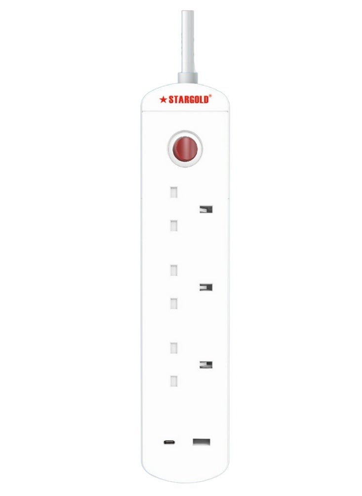 Stargold Multiple cord Extension Set Overload Protector Electric Charging Lead 3 Way Ac Output with 1 USB and 1 USB-C Port Anti-Fire 750⁰C, 13A 3M Long Power Cable Heavy Duty Charging Station- White  - Image 1