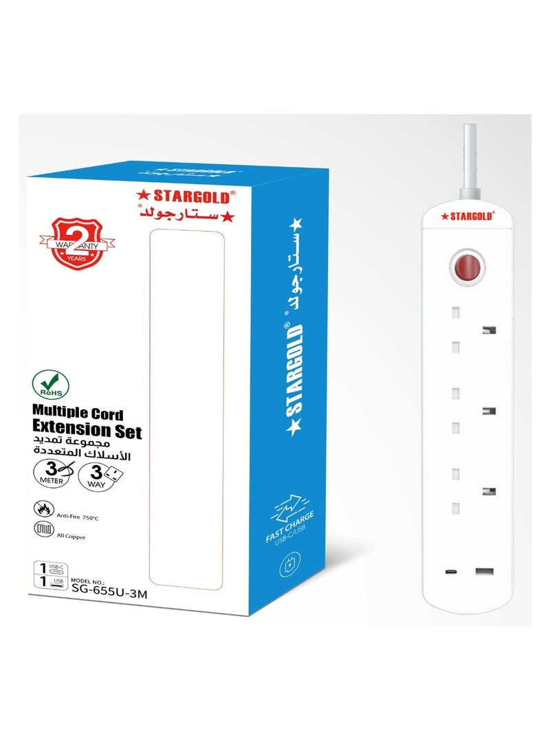 Stargold Multiple cord Extension Set Overload Protector Electric Charging Lead 3 Way Ac Output with 1 USB and 1 USB-C Port Anti-Fire 750⁰C, 13A 3M Long Power Cable Heavy Duty Charging Station- White  - Image 2