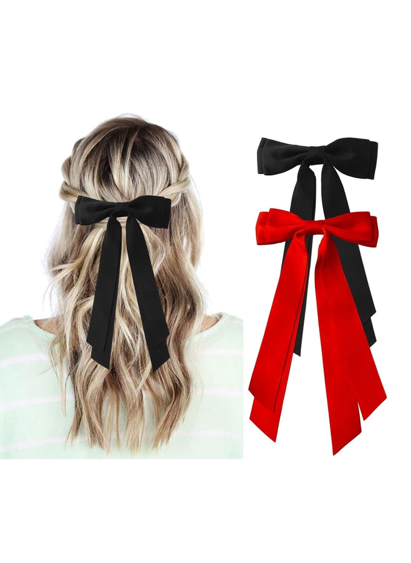 Ronger2000 Red and Black Hair Bows for Women  2Pcs Silkly Satin Hair Ribbon Bow with Metal Clips Hair Accessories for Girls 