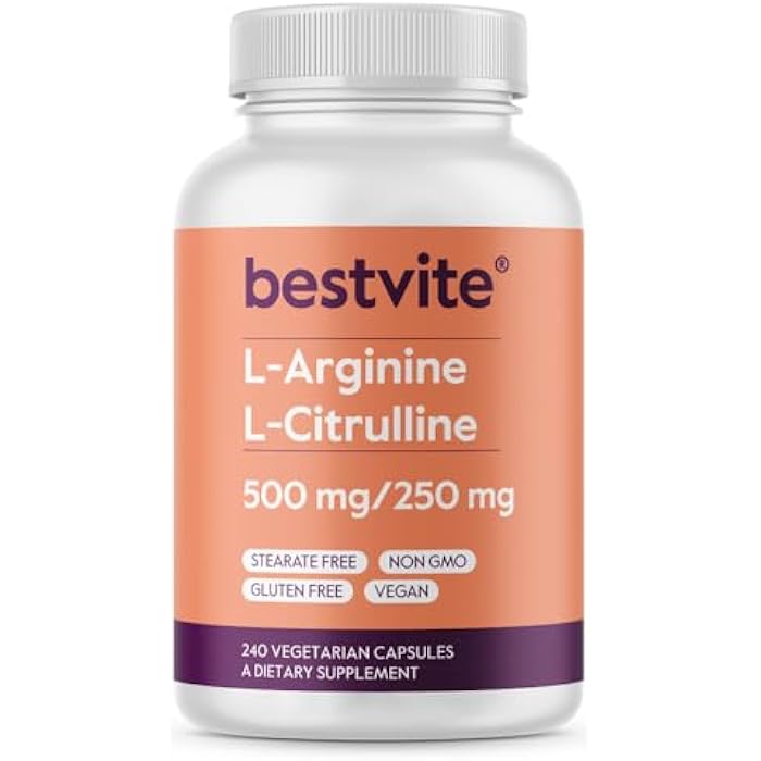 BESTVITE L-Arginine L-Citrulline 500mg / 250mg Vegan (240 Vegetarian Capsules) - No Stearates - No Dicalcium Phosphate - Non GMO - Gluten Free - Image 1