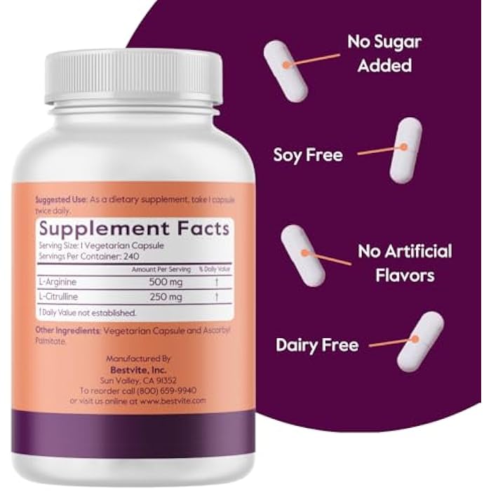 BESTVITE L-Arginine L-Citrulline 500mg / 250mg Vegan (240 Vegetarian Capsules) - No Stearates - No Dicalcium Phosphate - Non GMO - Gluten Free - Image 3
