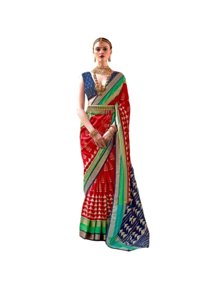 Grab Mantra Red Blue Patola Silk Saree With Green Border And Unstitched Contrast Blue blouse  - Image 1