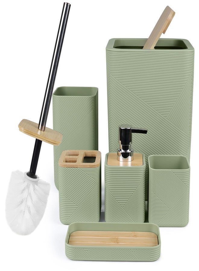 CERBIOR Bathroom Accessories Set 6 Piece Bamboo Bath Ensemble Includes Soap Dispenser, Toothbrush Holder, Toothbrush Cup, Soap Dish for Decorative Countertop and Housewarming Gift (Green) - Image 1
