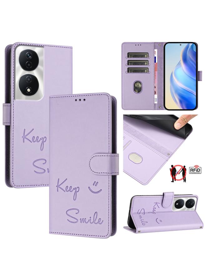 Zaboon Case For Honor 90 Smart 5G Global Smile Embossing RFID Leather Phone Case - Image 1