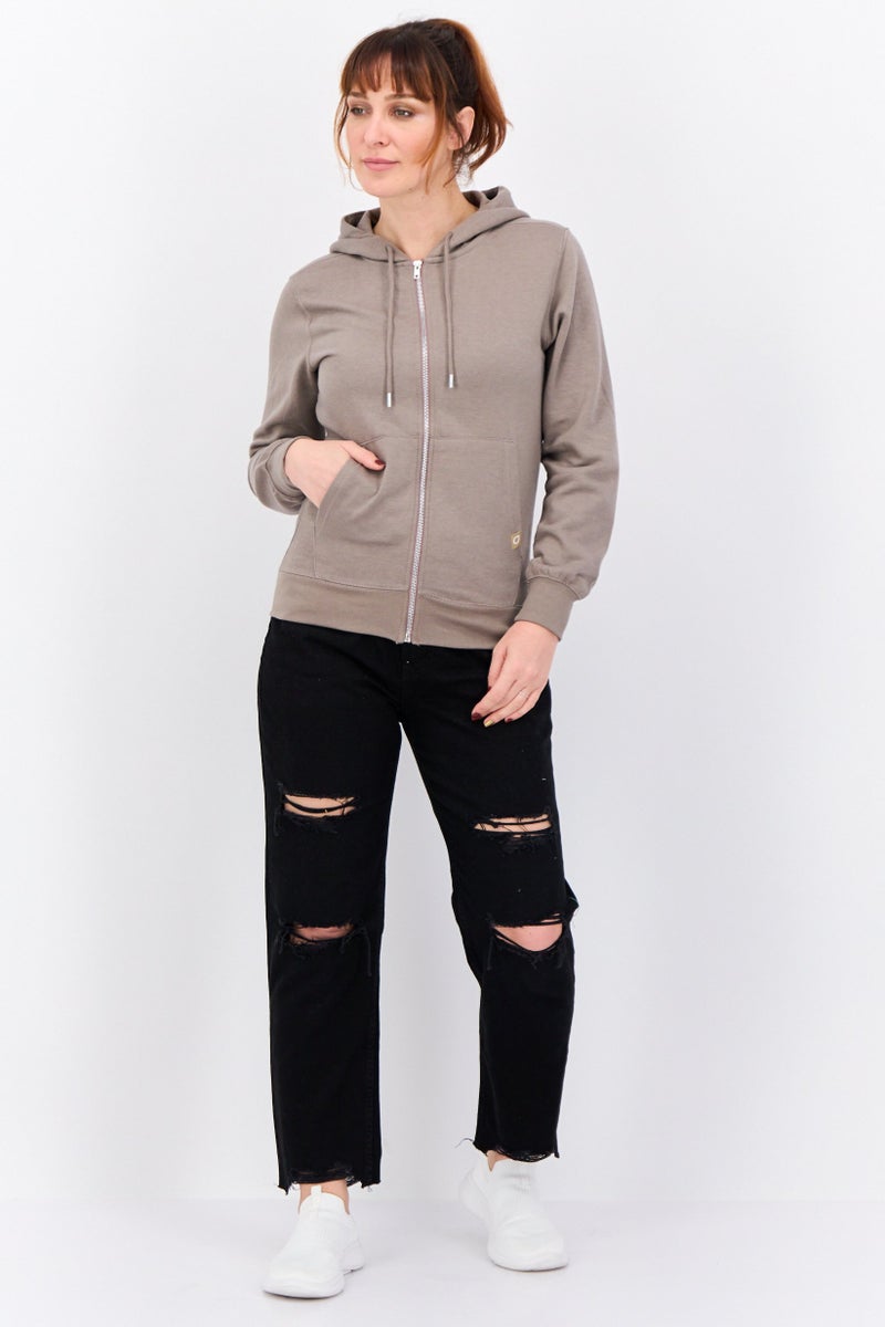 JUICE Women Hooded Brand Logo Long Sleeve Sweatshirt, Khaki  - Image 4