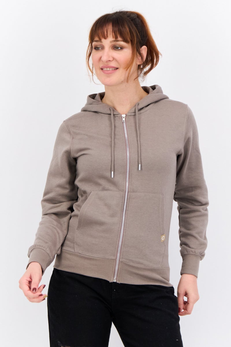 JUICE Women Hooded Brand Logo Long Sleeve Sweatshirt, Khaki  - Image 1