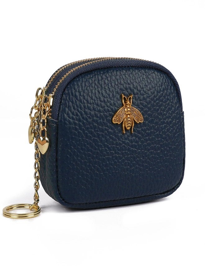 imeetu Women Leather Coin Purse, Small 2 Zippered Change Pouch Wallet(Copper Bee, Blue) - Image 1