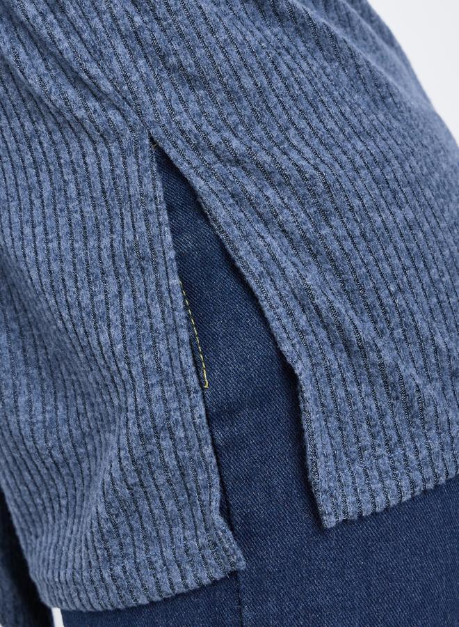 Styli Blue Ribbed Longline Turtle Neck Top With Fabric Belt - Image 5