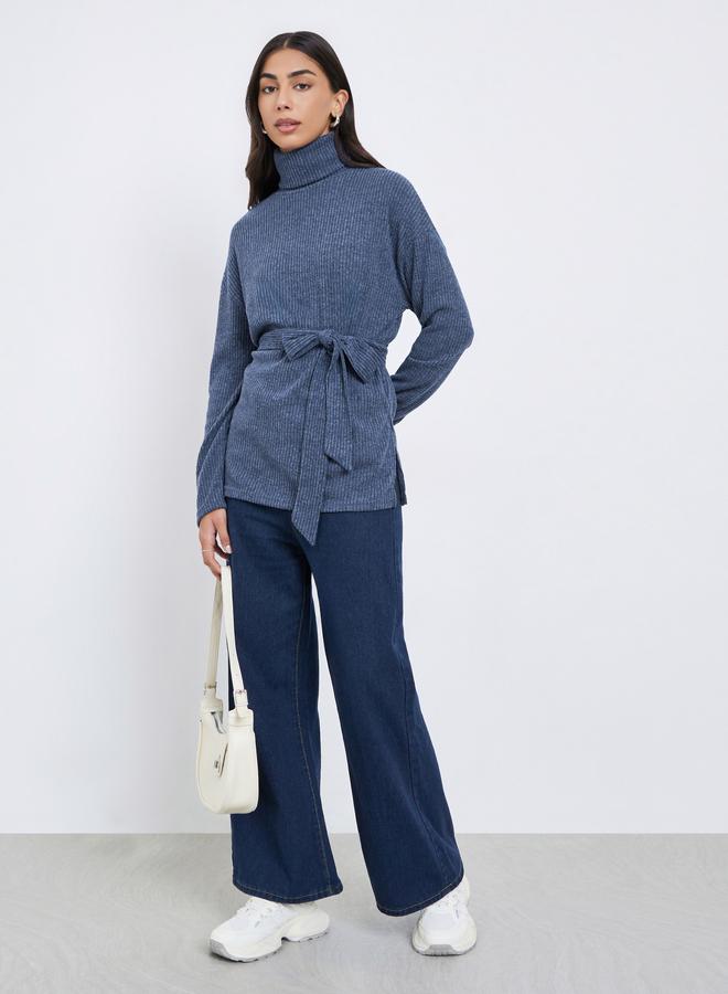 Styli Blue Ribbed Longline Turtle Neck Top With Fabric Belt - Image 2