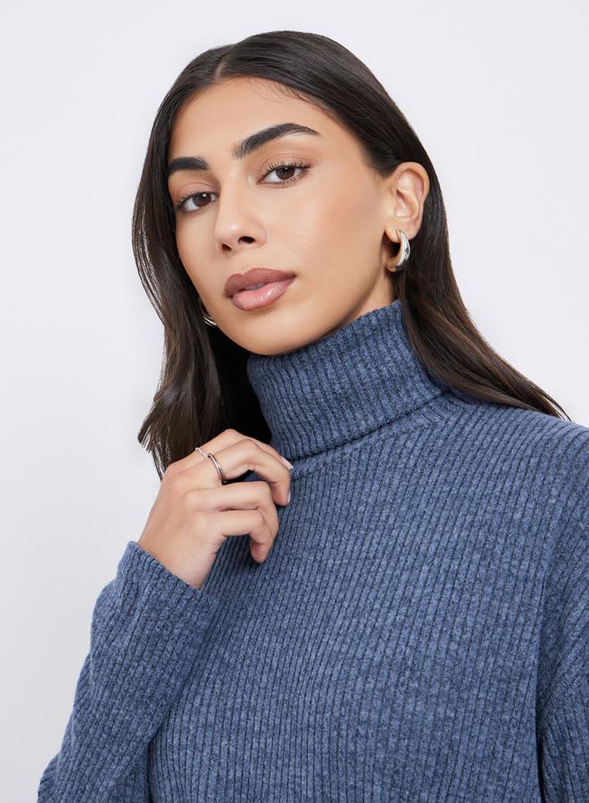 Styli Blue Ribbed Longline Turtle Neck Top With Fabric Belt - Image 4