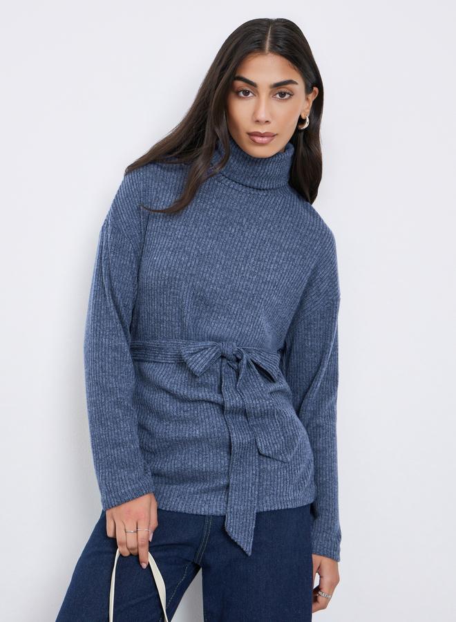 Styli Blue Ribbed Longline Turtle Neck Top With Fabric Belt - Image 1