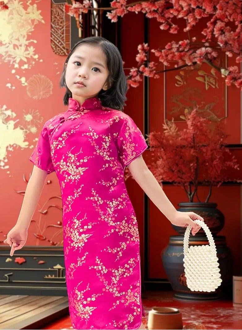AROAQ Tribal Style Girls Cheongsam, Polyester Geometric Patterned Traditional Chinese Dress Regular Fit Woven Fabric with Mandarin Collar for Over 3 Years Old Festive New Year And Birthday Gift Rose Red - Image 1