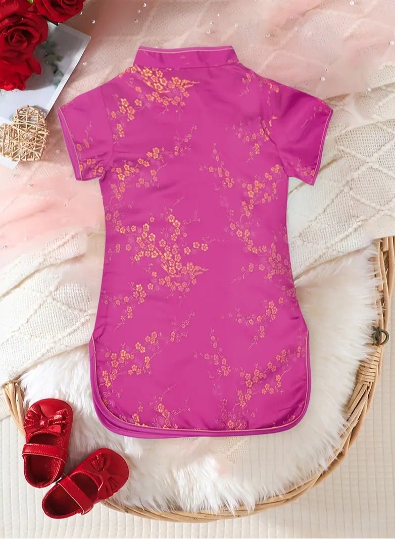 AROAQ Tribal Style Girls Cheongsam, Polyester Geometric Patterned Traditional Chinese Dress Regular Fit Woven Fabric with Mandarin Collar for Over 3 Years Old Festive New Year And Birthday Gift Rose Red - Image 2