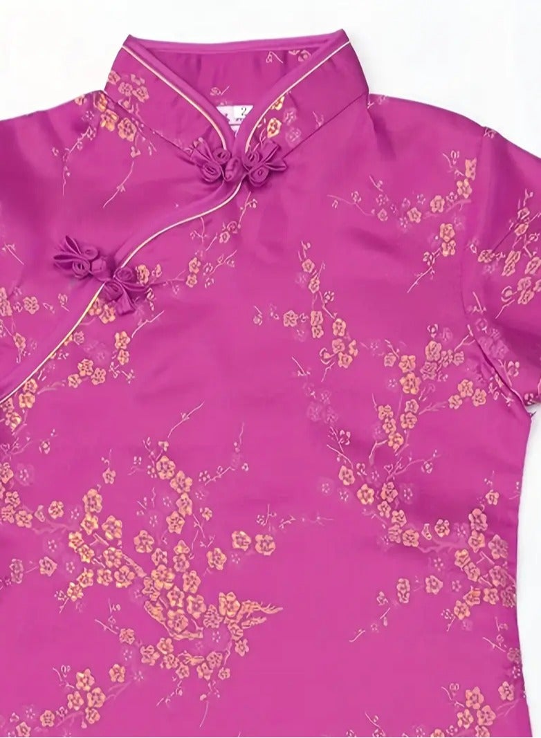 AROAQ Tribal Style Girls Cheongsam, Polyester Geometric Patterned Traditional Chinese Dress Regular Fit Woven Fabric with Mandarin Collar for Over 3 Years Old Festive New Year And Birthday Gift Rose Red - Image 3