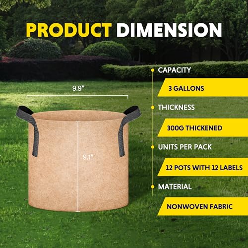 YSSOA 12-Pack 3 Gallon Grow Bags Heavy Duty Thickened Nonwoven Aeration Fabric Pots with Handles, Cloth Pots for Plants, Vegetable, Flower, Tomato Potato - Image 2