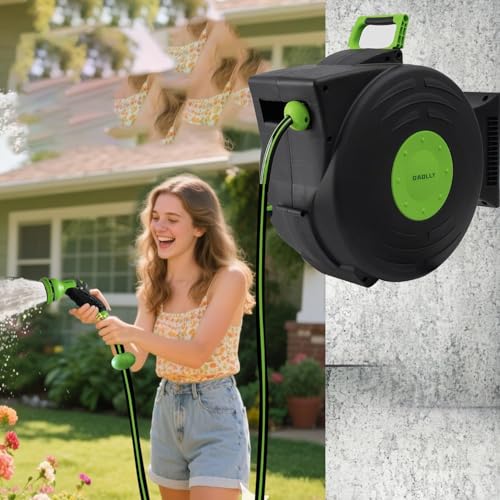 GAOLLY Retractable Garden Hose Reel, Smooth Slow Auto Rewind & Any-Length Lock, Premium Wall Mounted with 180° Swivel Bracket, 1/2 in High-Pressure Hose with 66 FT, Two Sprays - Image 1