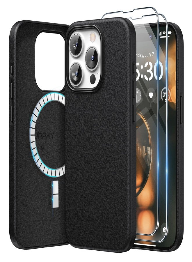 SURPHY Designed for iPhone 15 Pro Max Leather Case with Screen Protector Compatible with MagSafe, Faux Leather Case (Metallic Buttons & Microfiber Lining) for 15 Pro Max 6.7 inch 2023, Black - Image 1