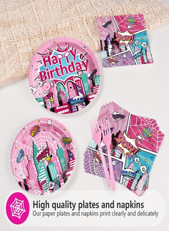 Grencian 96 Pcs Pink Spider Birthday Party Supplies Super Girl Hero Paper Plates and Napkins Spider Pink Ghost Decorations Tableware Set for Girls Birthday Baby Shower Serves 24 - Image 3