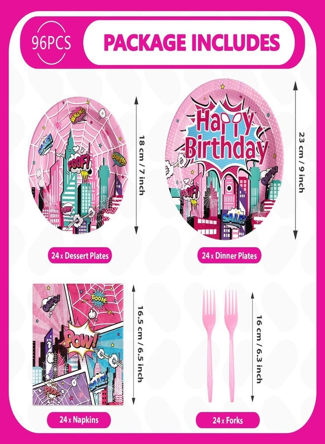 Grencian 96 Pcs Pink Spider Birthday Party Supplies Super Girl Hero Paper Plates and Napkins Spider Pink Ghost Decorations Tableware Set for Girls Birthday Baby Shower Serves 24 - Image 5