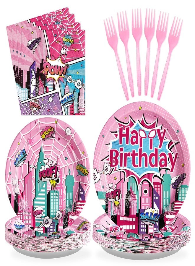Grencian 96 Pcs Pink Spider Birthday Party Supplies Super Girl Hero Paper Plates and Napkins Spider Pink Ghost Decorations Tableware Set for Girls Birthday Baby Shower Serves 24 - Image 1
