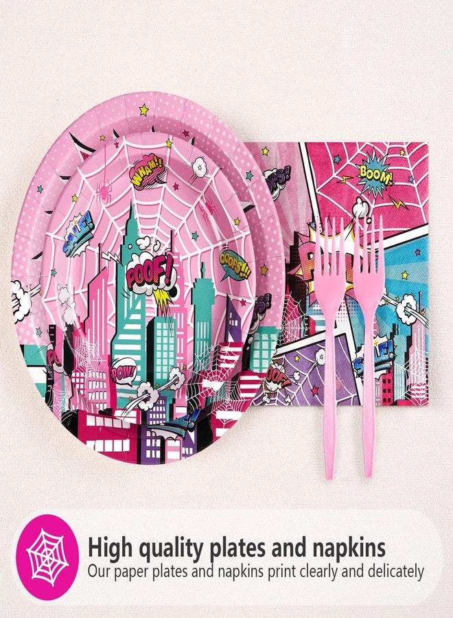 Grencian 96 Pcs Pink Spider Birthday Party Supplies Super Girl Hero Paper Plates and Napkins Spider Pink Ghost Decorations Tableware Set for Girls Birthday Baby Shower Serves 24 - Image 2