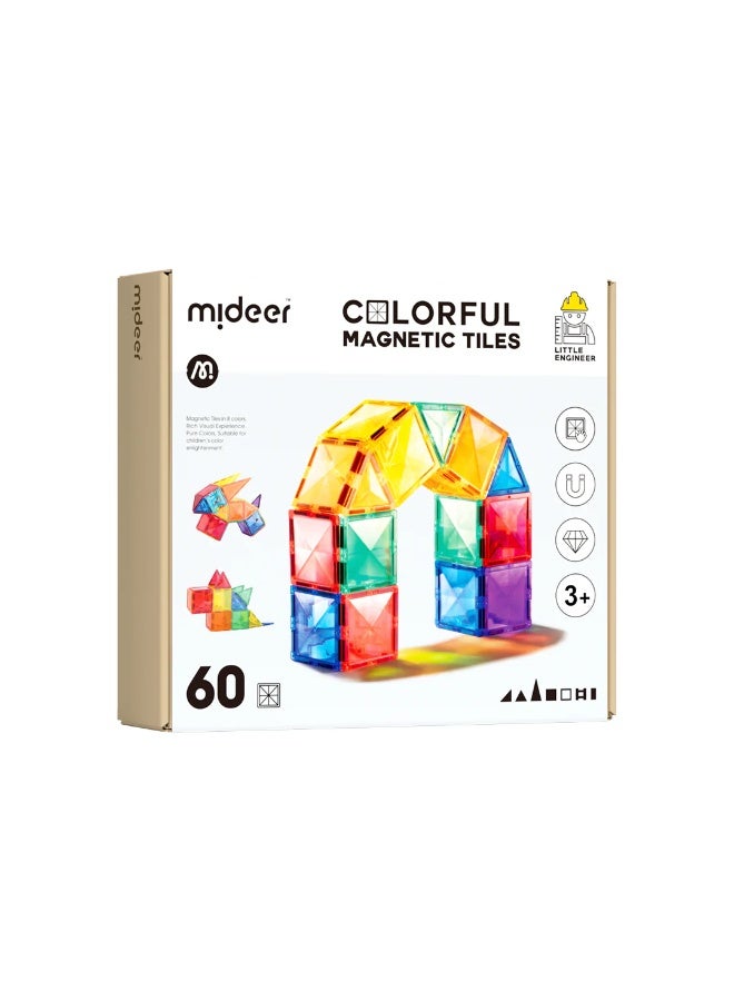 Mideer Colorful Magnetic Tiles 60 Pieces, Transparent Magnetic Building Blocks for Kids, 2D & 3D Construction Toy with Storage Bag for Ages 3+ - Image 1