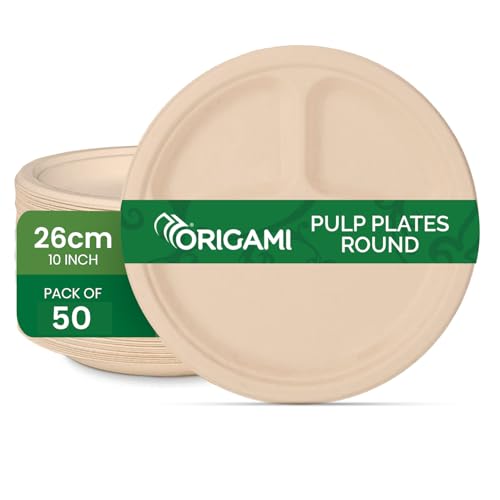 Origami 10 Inches Round Disposable Bagasse Paper Plates | Strong, Eco Friendly & Biodegradable Paper Plates | Perfect for Parties, Picnics & Festive Occasions - Pack of 50 Pcs - Image 1