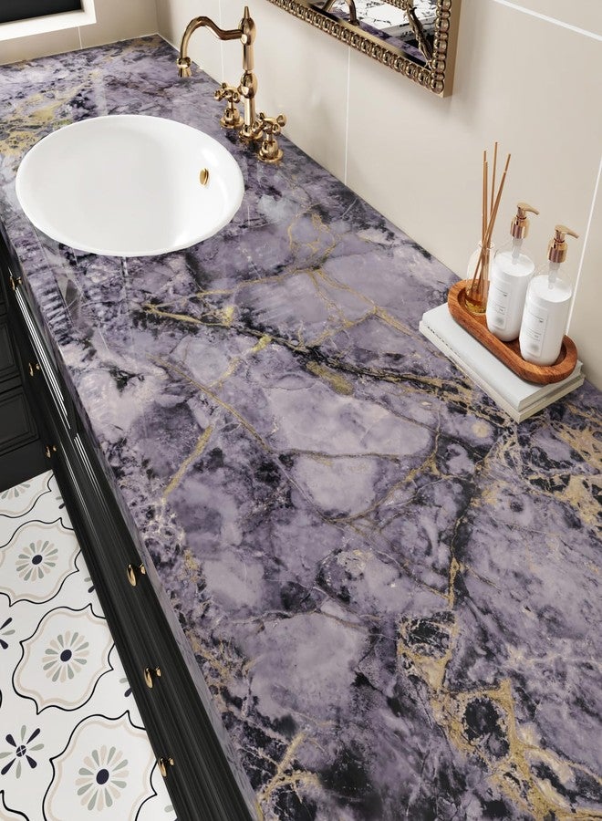 Wallercity ورق جدران Wallercity اللامع من الرخام البنفسجي الذهبي، قابل للتقشير واللصق، مناسب لأسطح المطبخ، مقاوم للماء، مصنوع من الرخام الاصطناعي البنفسجي، ورق جدران جرانيت ذاتي اللصق، مناسب لأسطح المطبخ، مقاس 15.8×236 بوصة - Image 4