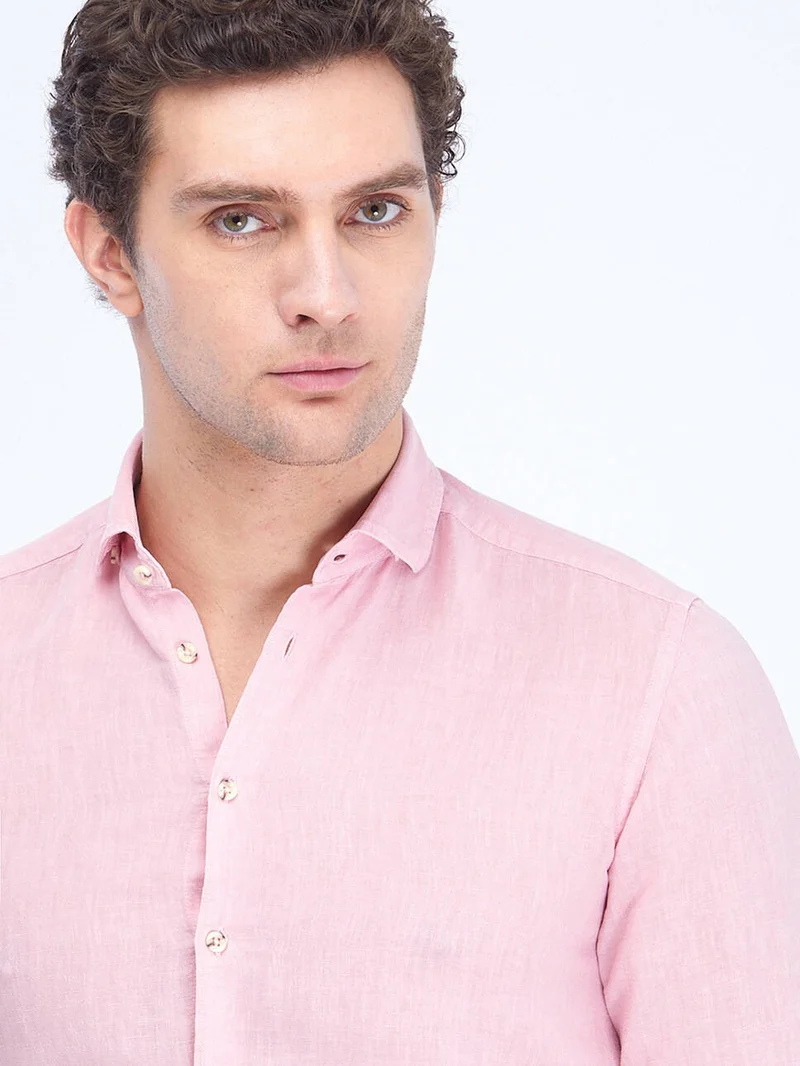 Kip Pink Plain Regular Fit Woven Casual Cotton Blend Shirt