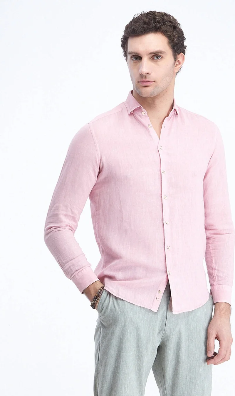 Kip Pink Plain Regular Fit Woven Casual Cotton Blend Shirt