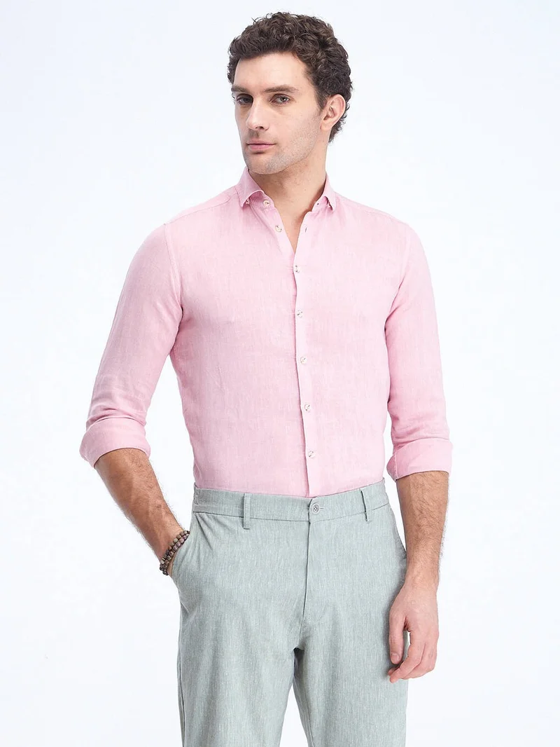 Kip Pink Plain Regular Fit Woven Casual Cotton Blend Shirt