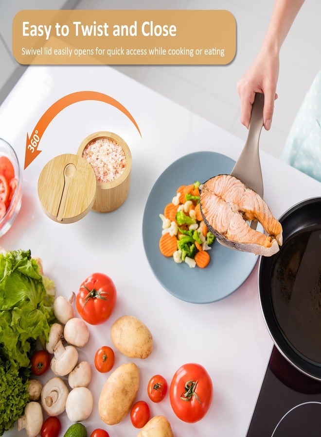 OUTNILI Salt Box Bowl with Lid and Spoon - Bamboo Salt Cellar with 360° Swivel Lid - Salt Container Holder for Sea Salt Herbs or Favorite Seasonings, 7 Ounce Capacity - Image 5