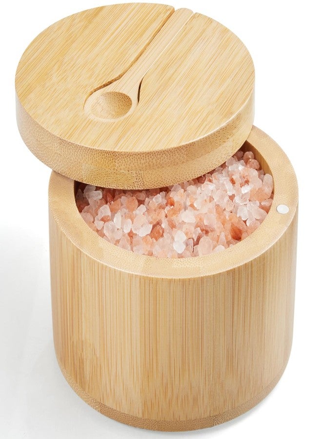 OUTNILI Salt Box Bowl with Lid and Spoon - Bamboo Salt Cellar with 360° Swivel Lid - Salt Container Holder for Sea Salt Herbs or Favorite Seasonings, 7 Ounce Capacity - Image 1